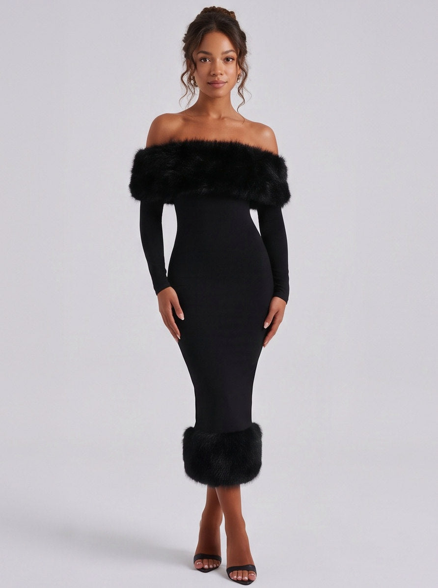 Faux Fur Long Sleeve Off Shoulder Midi Dress