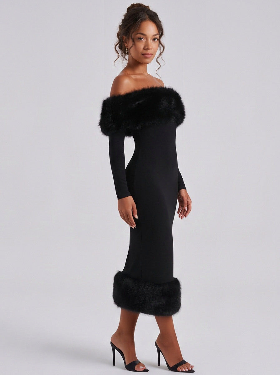 Faux Fur Long Sleeve Off Shoulder Midi Dress