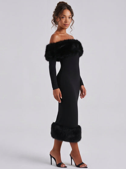 Faux Fur Long Sleeve Off Shoulder Midi Dress