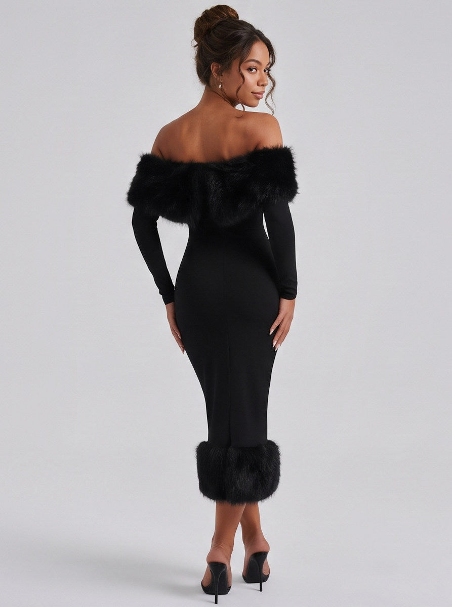 Faux Fur Long Sleeve Off Shoulder Midi Dress