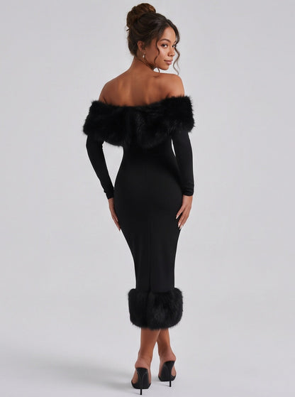 Faux Fur Long Sleeve Off Shoulder Midi Dress