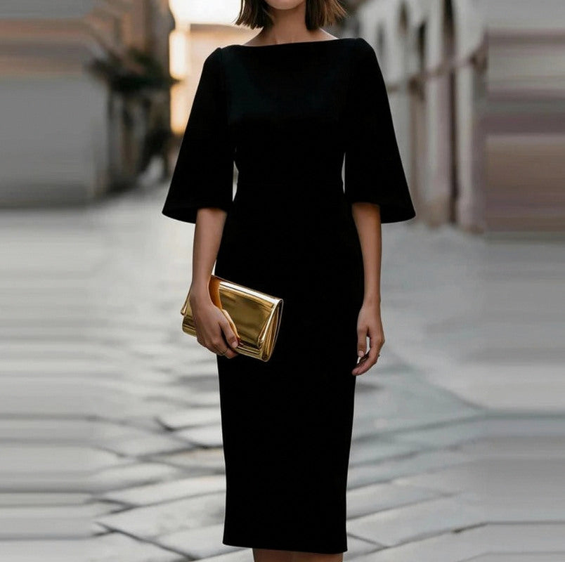 Fitted Boatneck Flare Sleeve Midi Dress