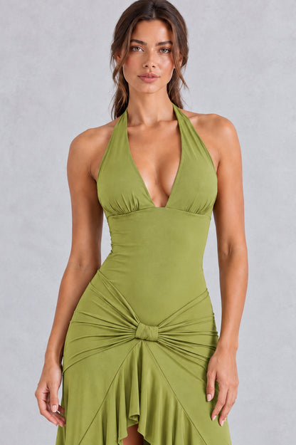 Fitted Halter Ruffle Maxi Dress