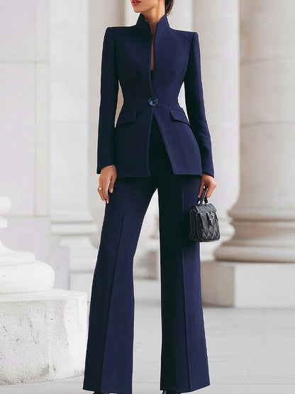 Fitted Long Sleeve Stand Collar Flap Pocket Blazer Pant Suit Two Piece Set