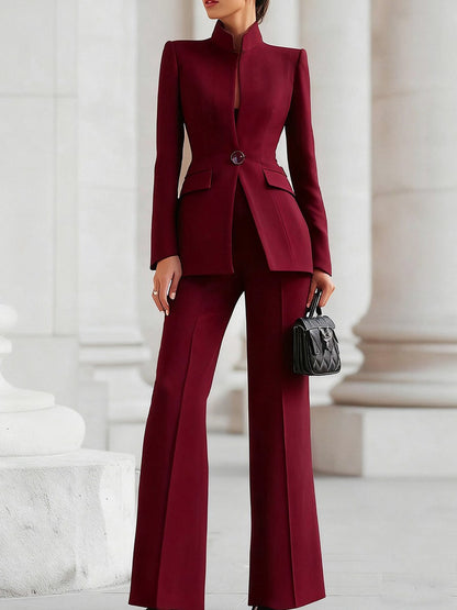 Fitted Long Sleeve Stand Collar Flap Pocket Blazer Pant Suit Two Piece Set