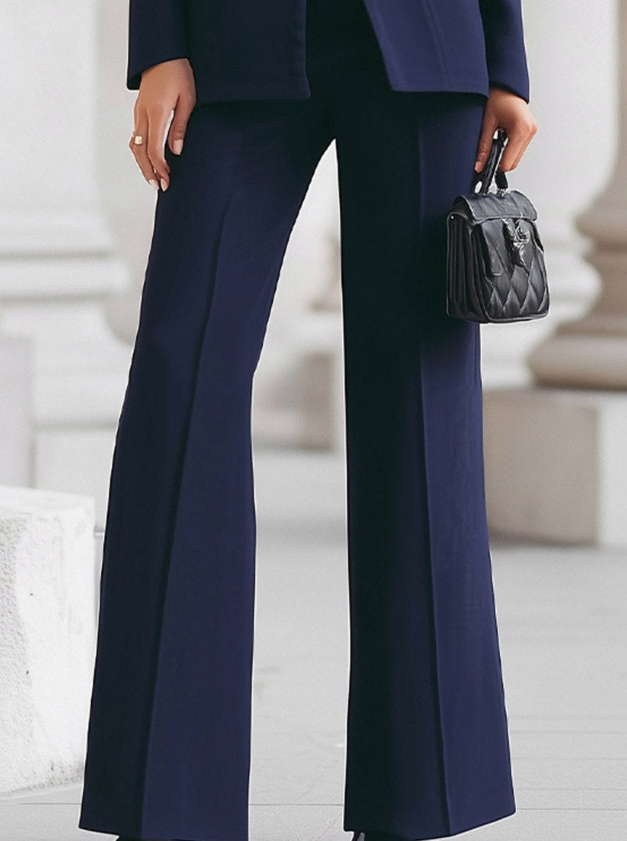 Fitted Long Sleeve Stand Collar Flap Pocket Blazer Pant Suit Two Piece Set
