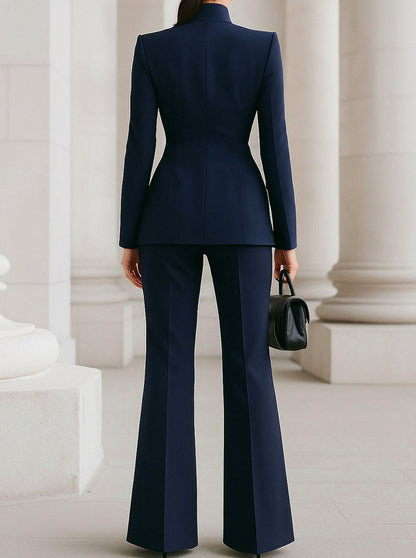 Fitted Long Sleeve Stand Collar Flap Pocket Blazer Pant Suit Two Piece Set