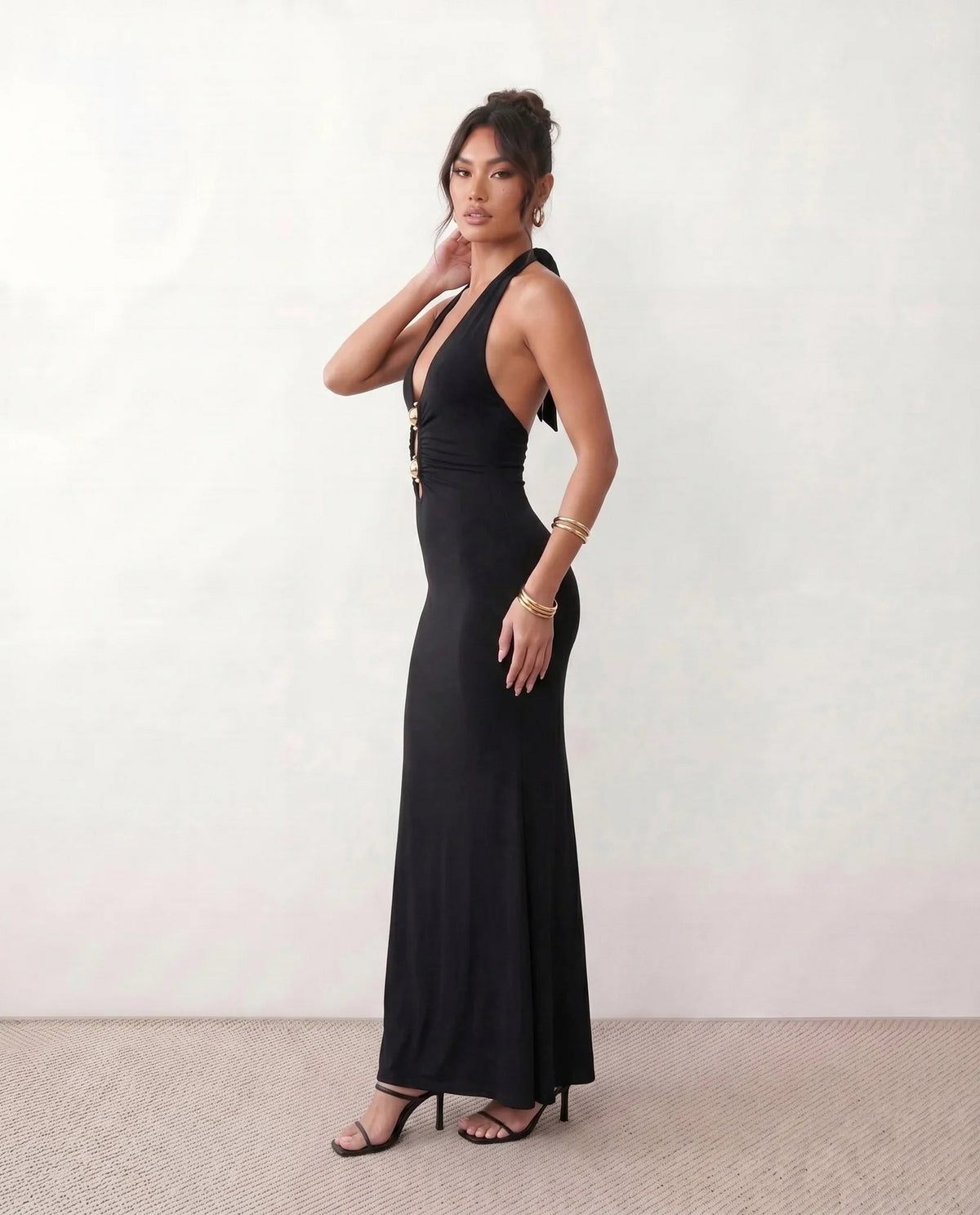Fitted Plunge Halter Maxi Dress