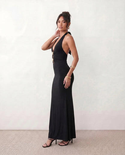 Fitted Plunge Halter Maxi Dress