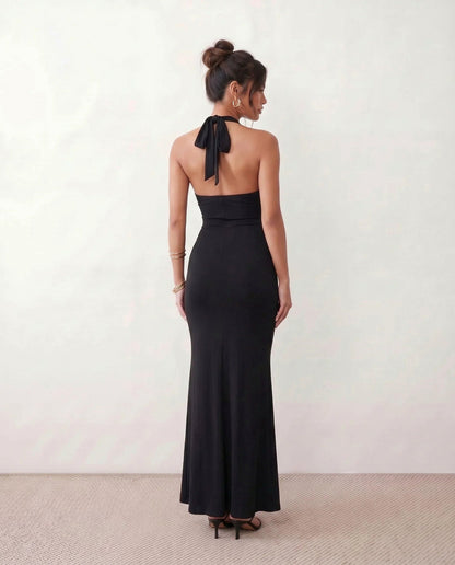 Fitted Plunge Halter Maxi Dress