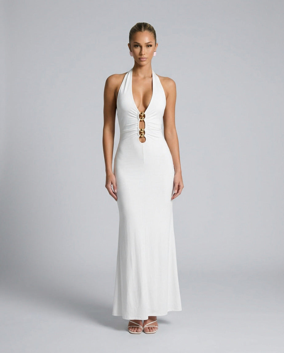 Fitted Plunge Halter Maxi Dress