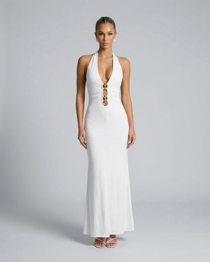 Fitted Plunge Halter Maxi Dress