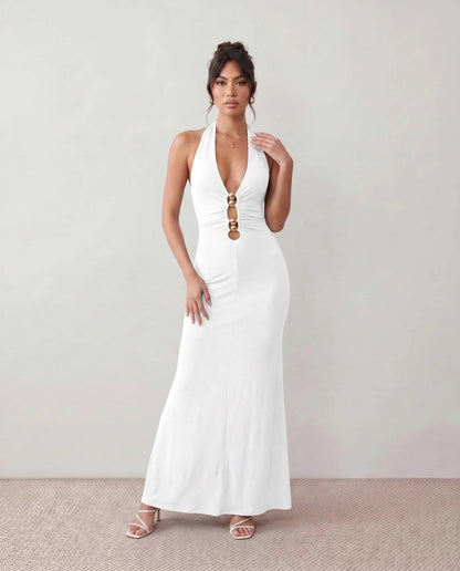 Fitted Plunge Halter Maxi Dress