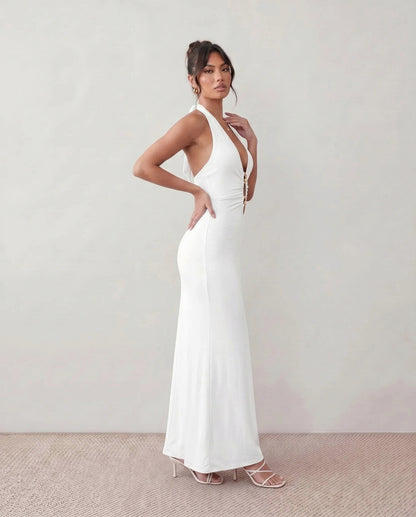 Fitted Plunge Halter Maxi Dress