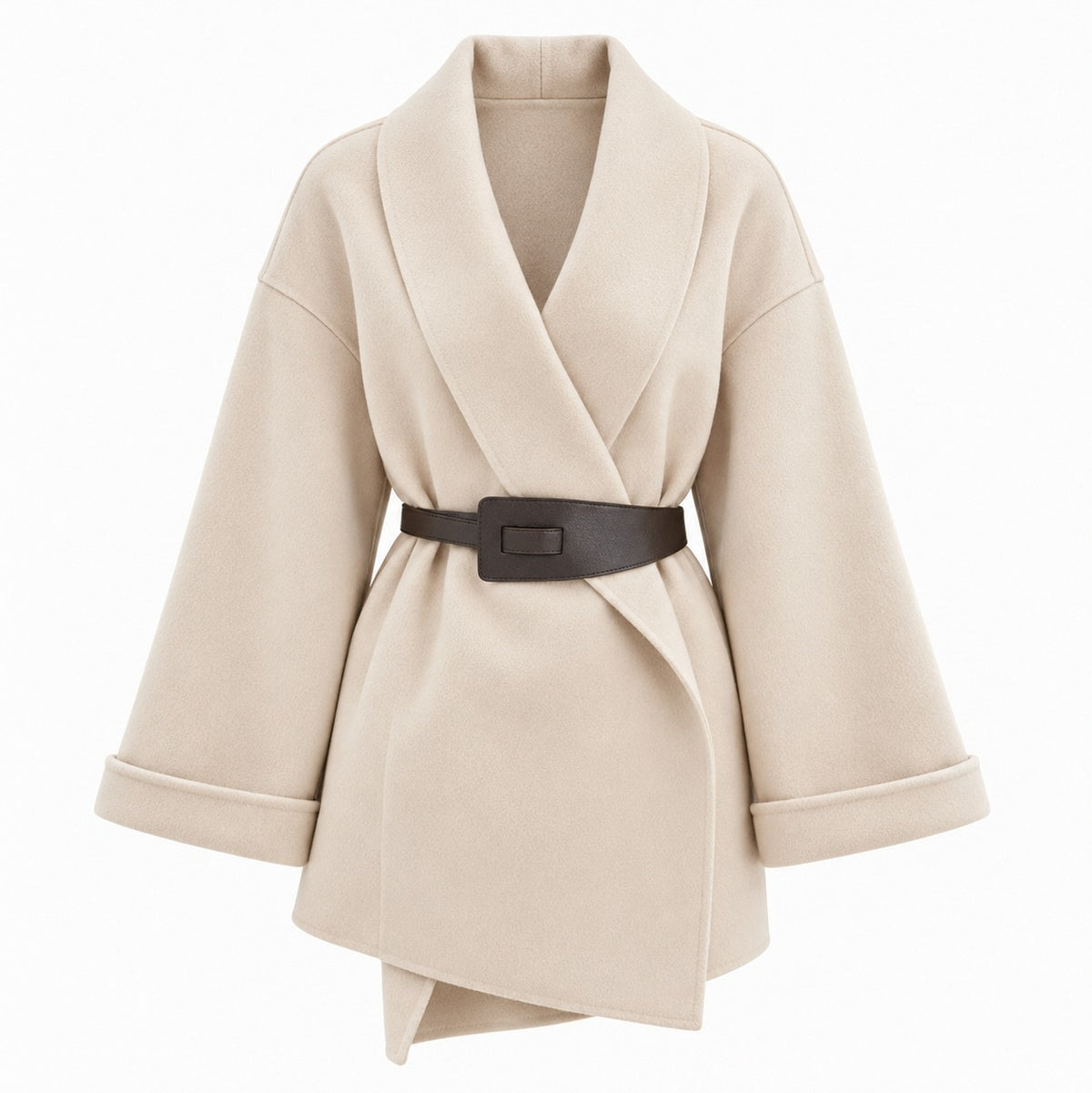 Fleece Shawl Collar Belted Wide Sleeve Wrap Coat