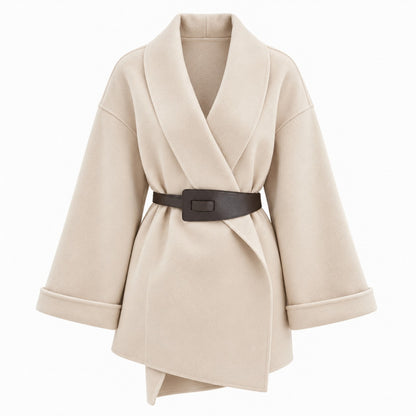 Fleece Shawl Collar Belted Wide Sleeve Wrap Coat