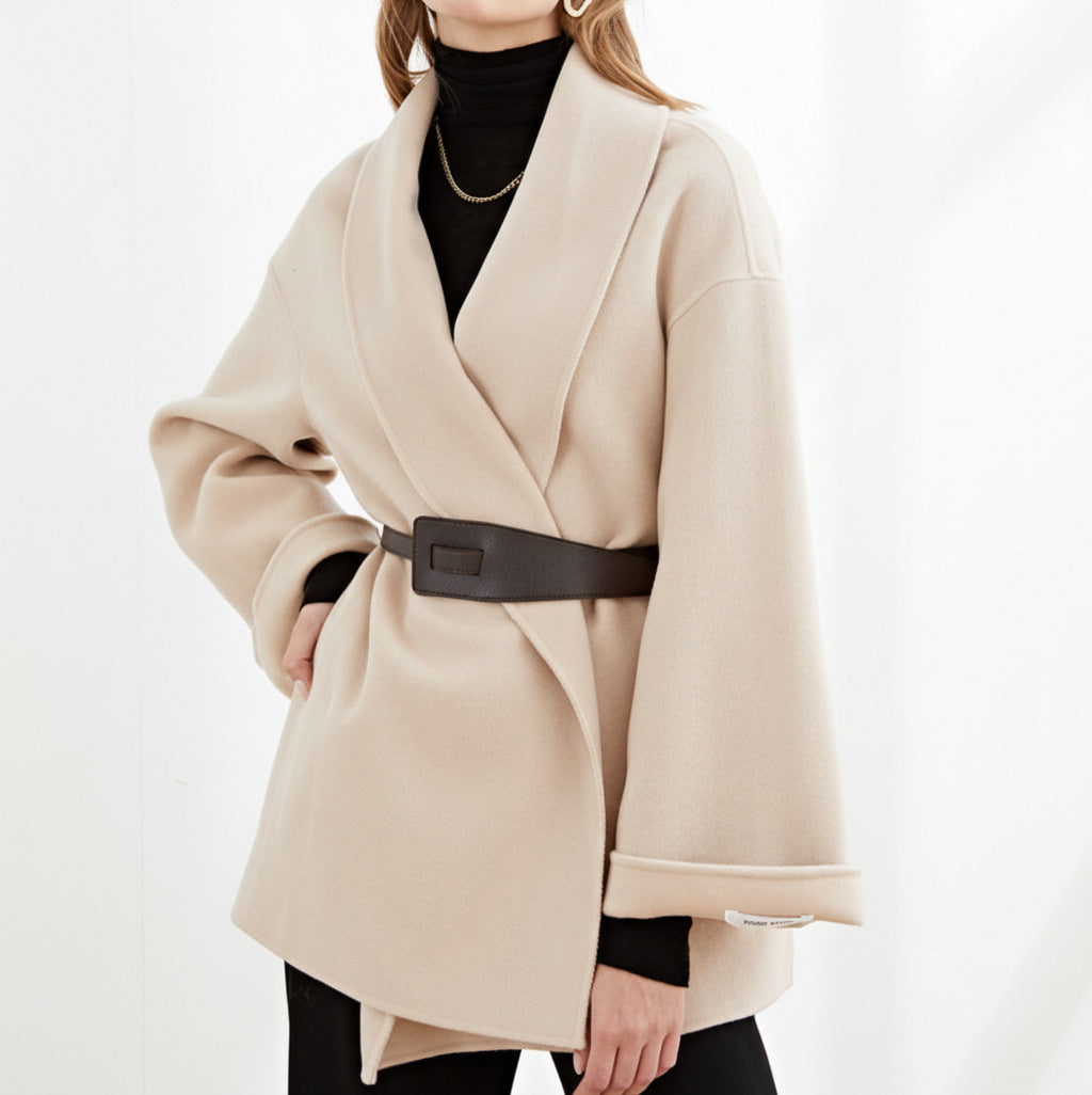 Fleece Shawl Collar Belted Wide Sleeve Wrap Coat