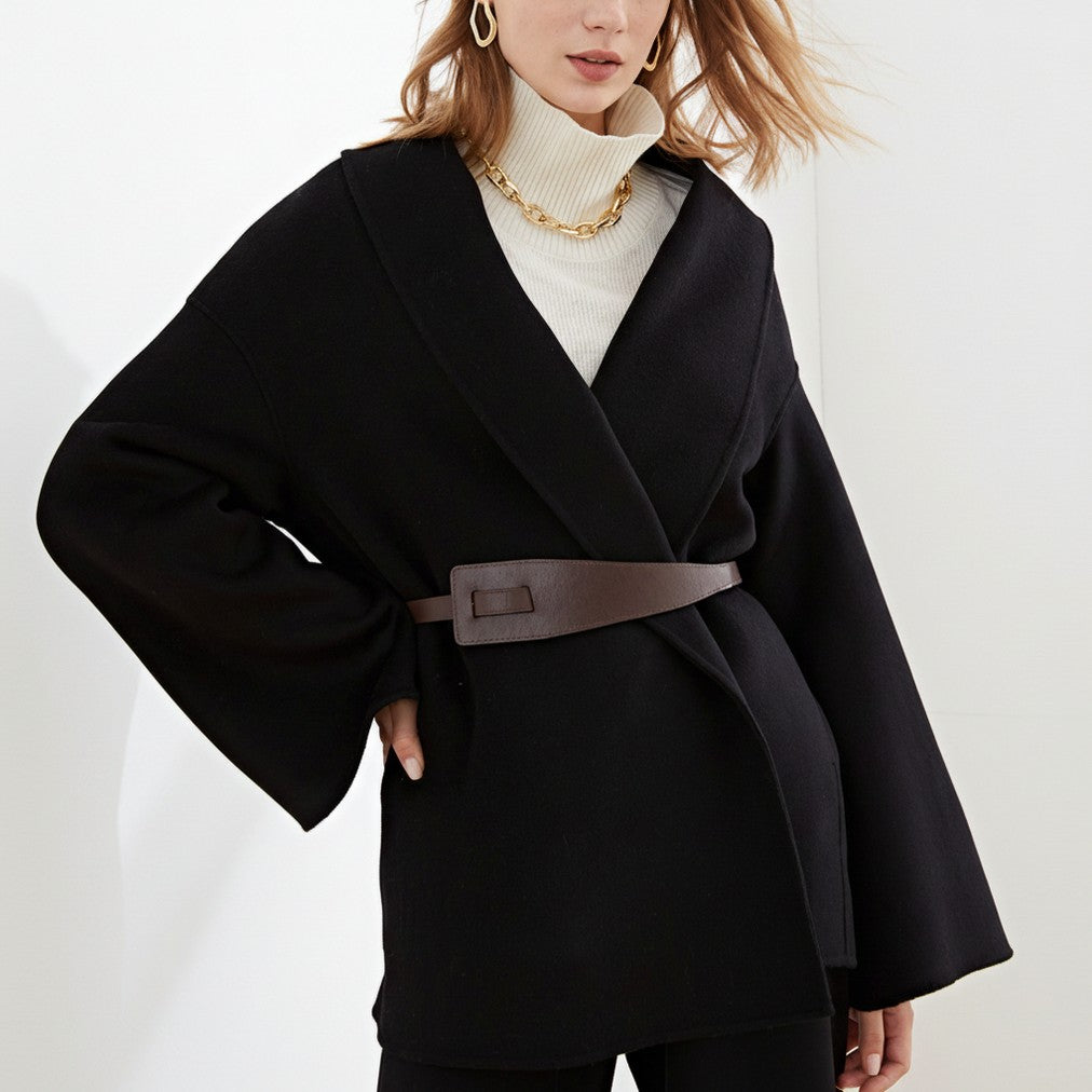 Fleece Shawl Collar Belted Wide Sleeve Wrap Coat