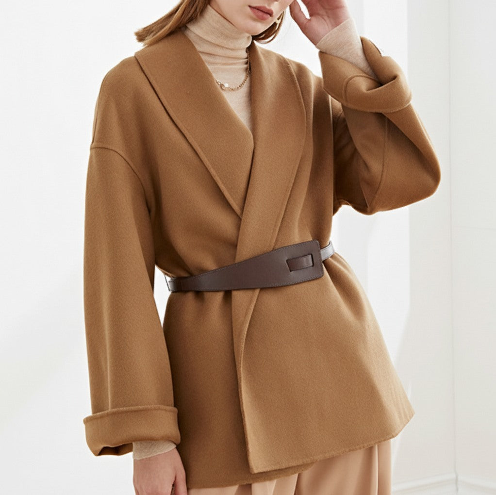 Fleece Shawl Collar Belted Wide Sleeve Wrap Coat