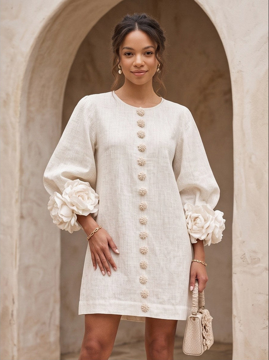 Linen Floral Applique Mini Dress