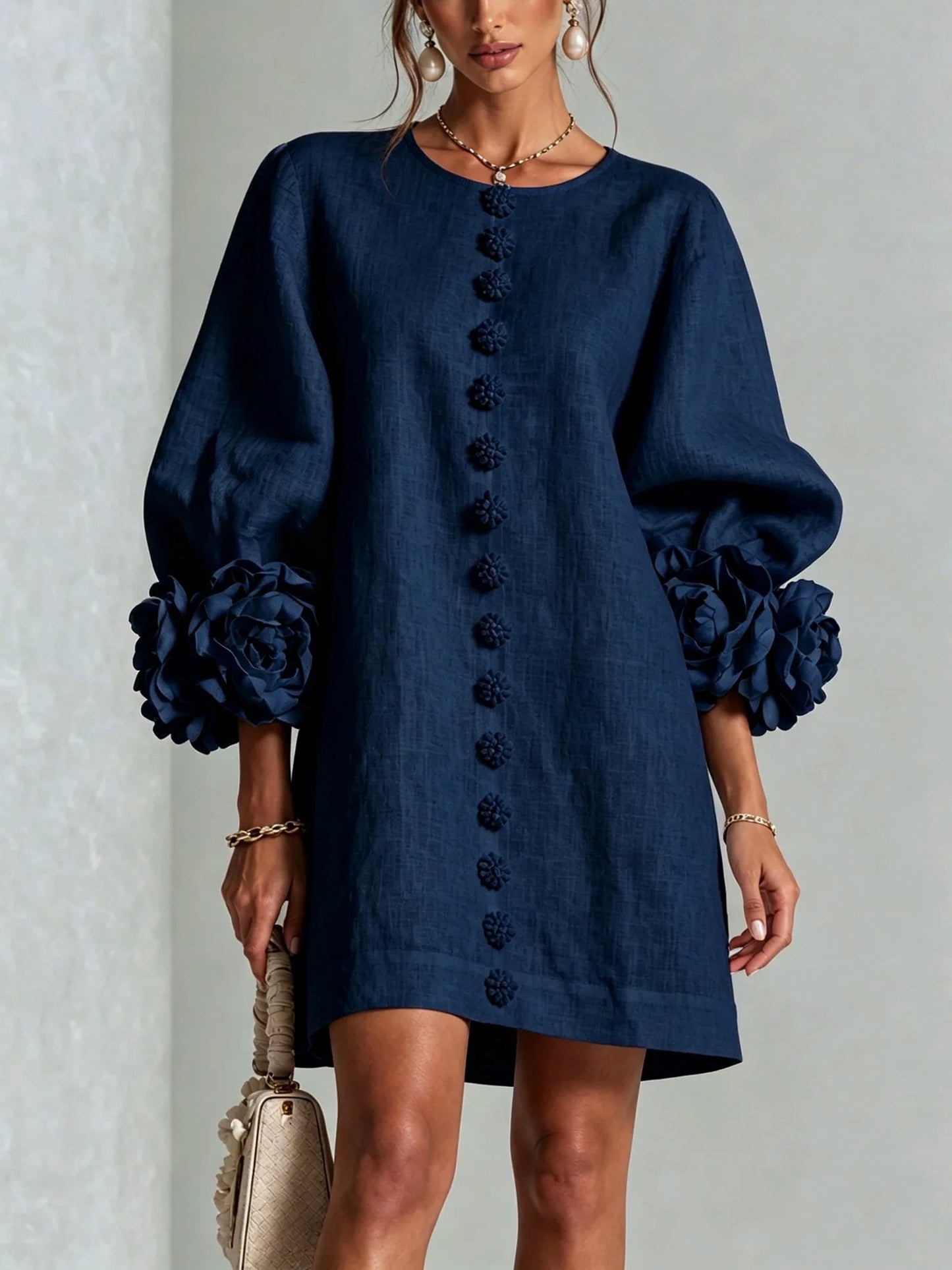 Linen Floral Applique Mini Dress