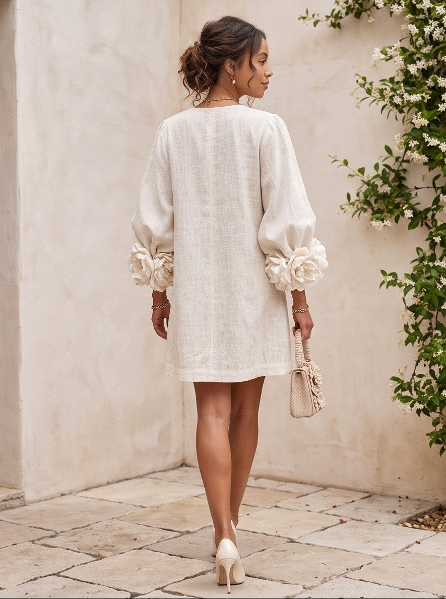 Linen Floral Applique Mini Dress