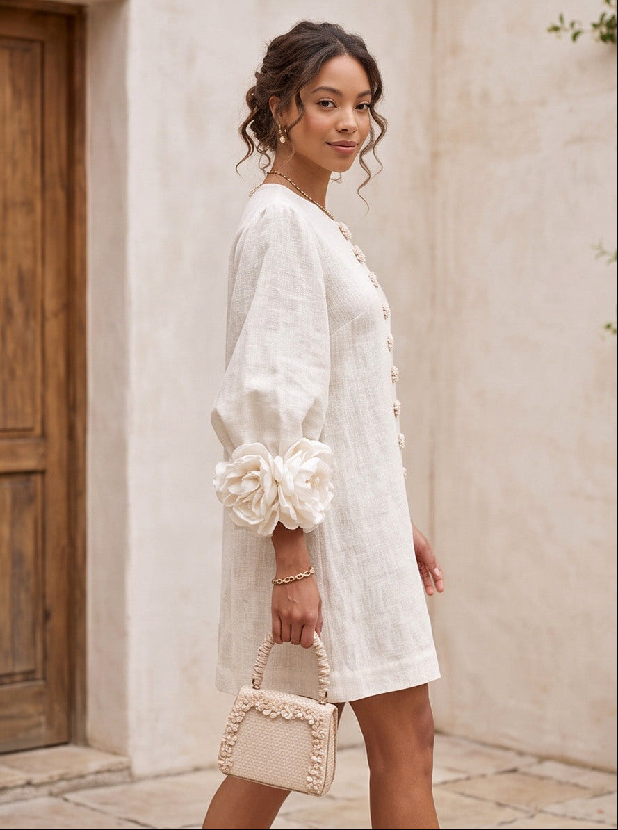 Linen Floral Applique Mini Dress