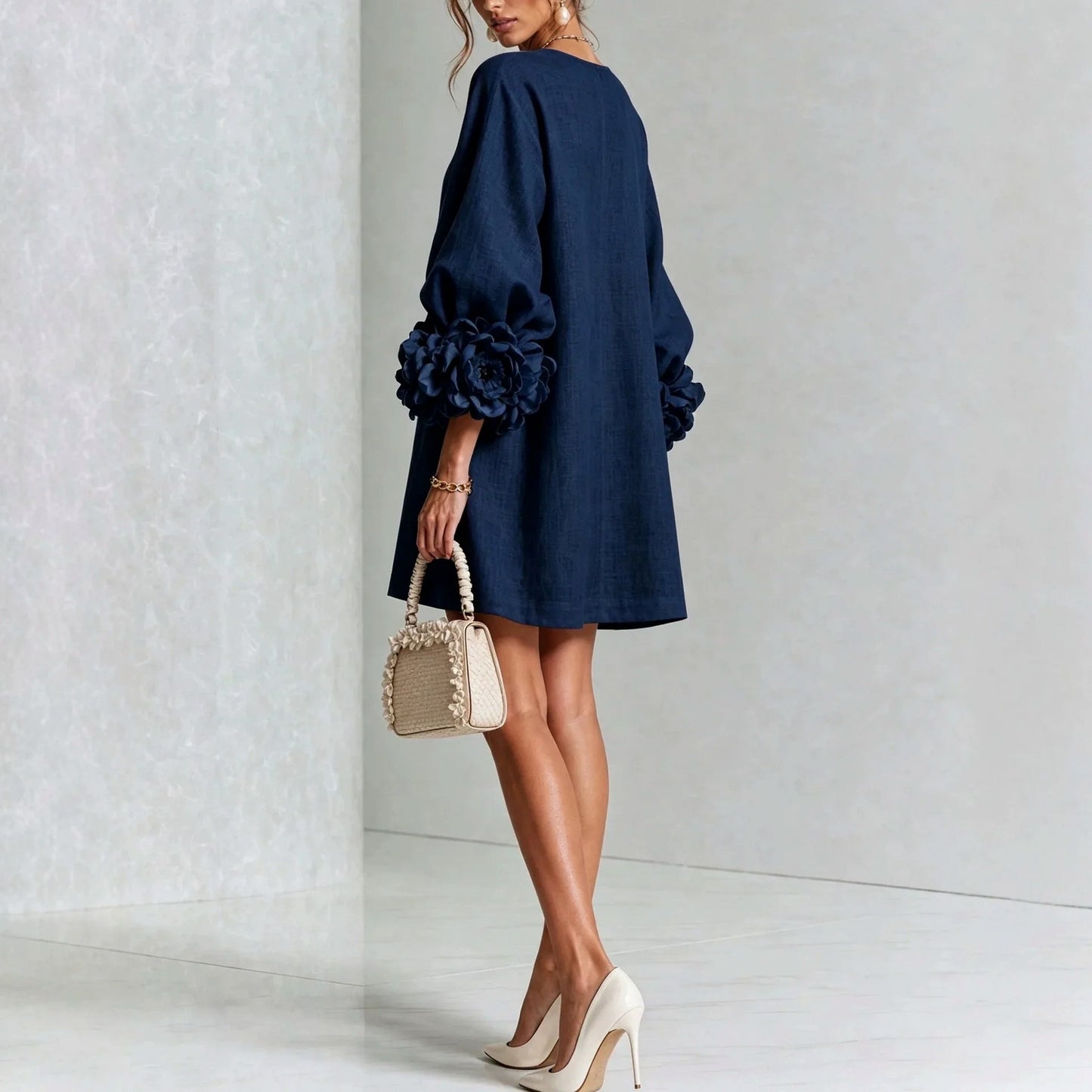 Linen Floral Applique Mini Dress