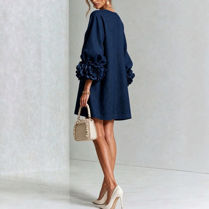 Linen Floral Applique Mini Dress