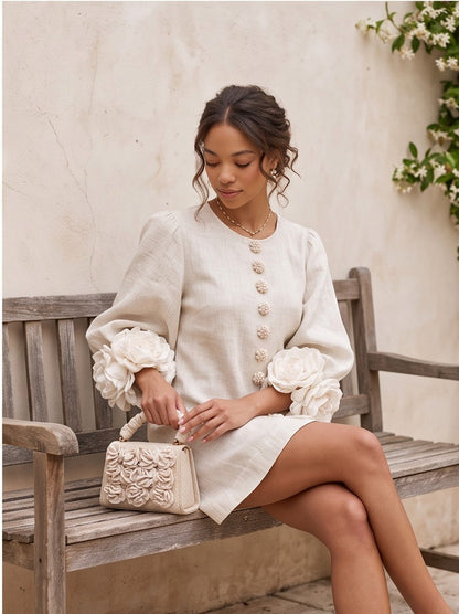 Linen Floral Applique Mini Dress