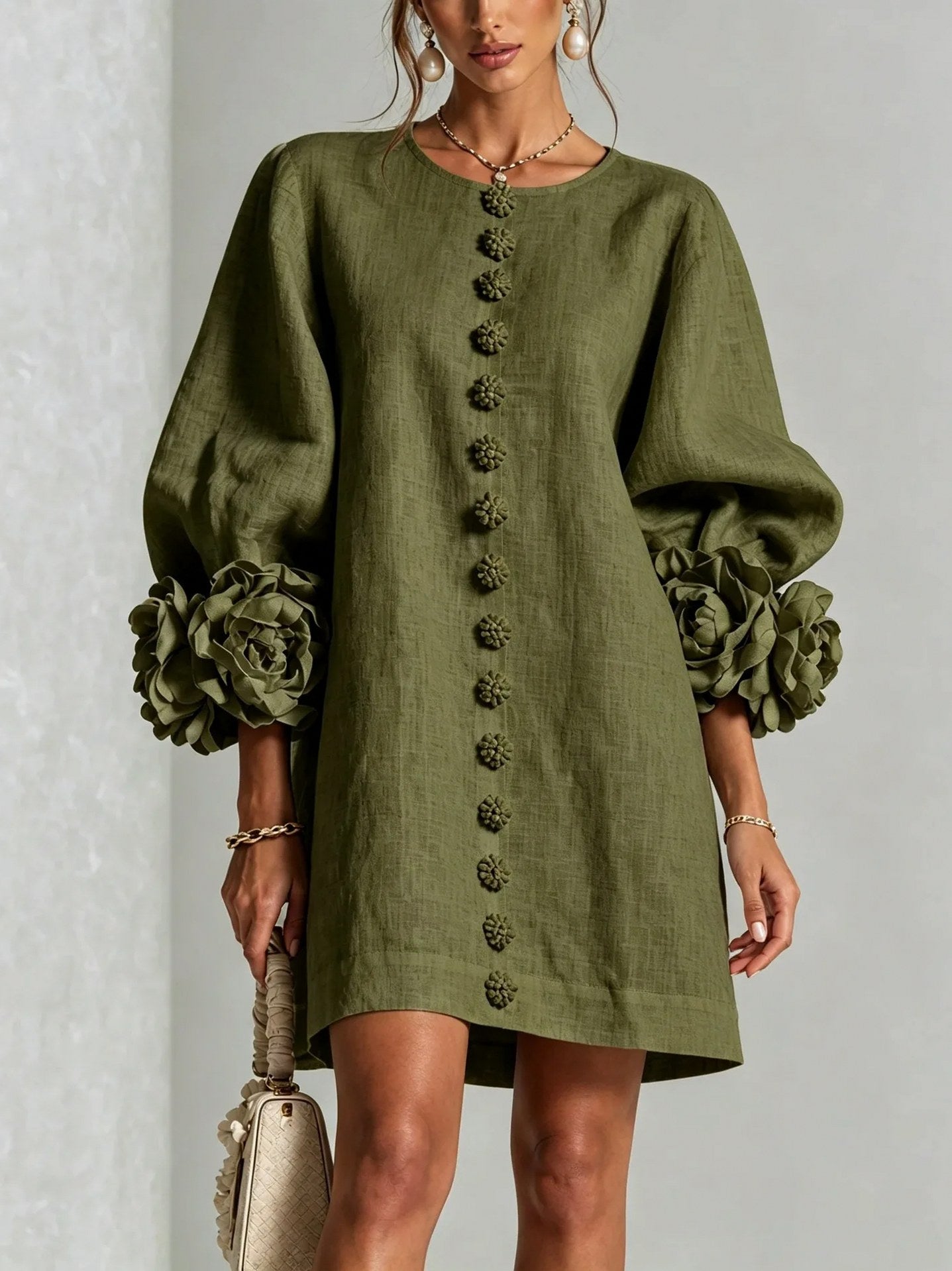 Linen Floral Applique Mini Dress