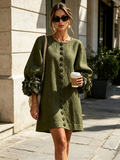 Linen Floral Applique Mini Dress