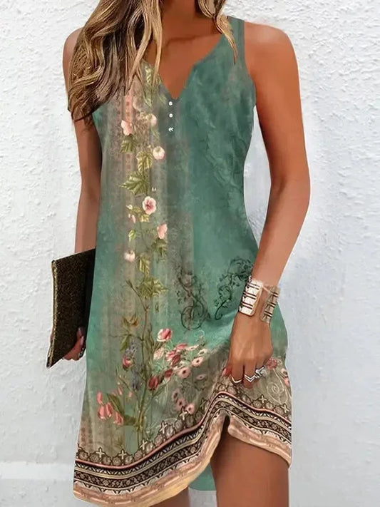 Flowery - Sleeveless shift mini dress featuring a vintage-inspired floral and border print with a button-front V-neckline.