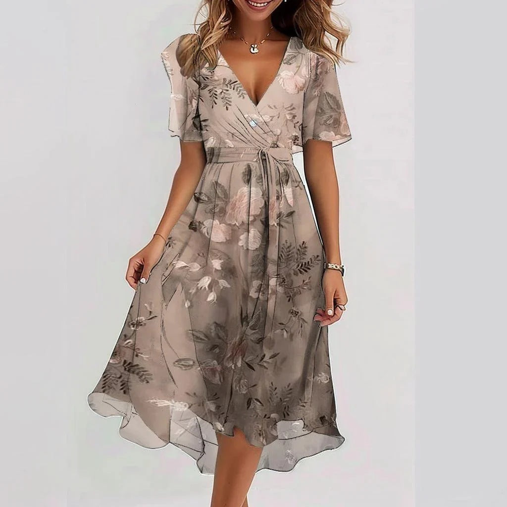 Beige - A woman wearing a dark green chiffon midi dress with a white ditsy floral print, featuring flutter sleeves, a surplice V-neckline, a self-tie waist, and a flowing curved hem.