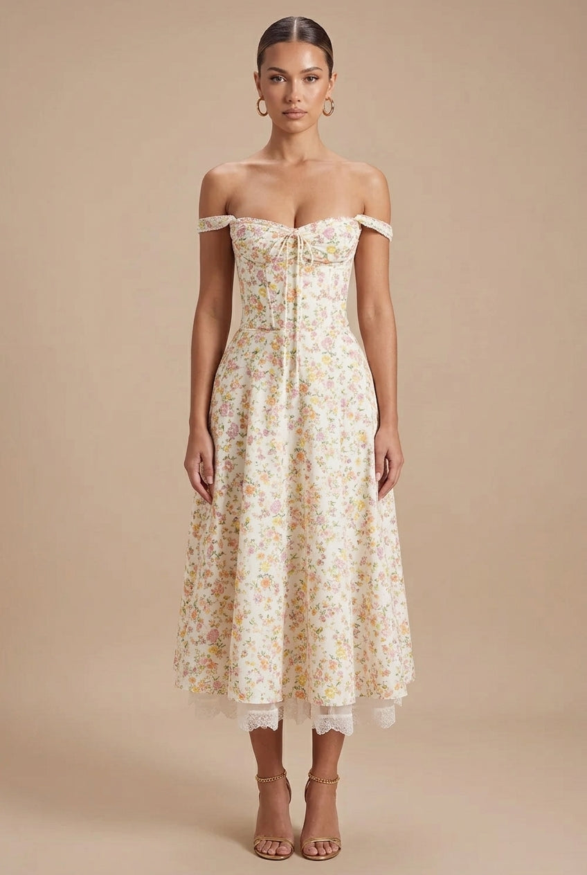 Yellow - Off-the-shoulder midi dress in a light floral print featuring a structured corset bodice, front tie detail, and a lace-trimmed hem.