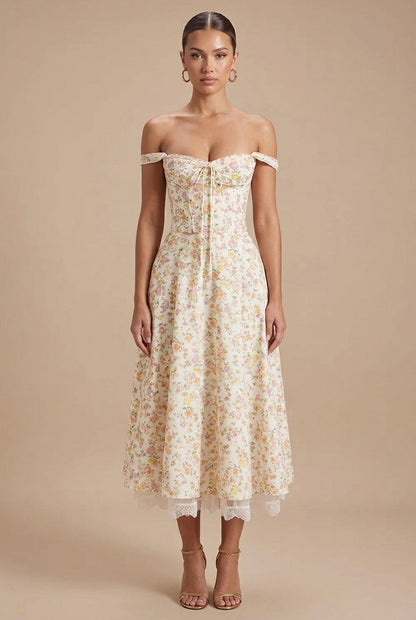 Yellow - Off-the-shoulder midi dress in a light floral print featuring a structured corset bodice, front tie detail, and a lace-trimmed hem.