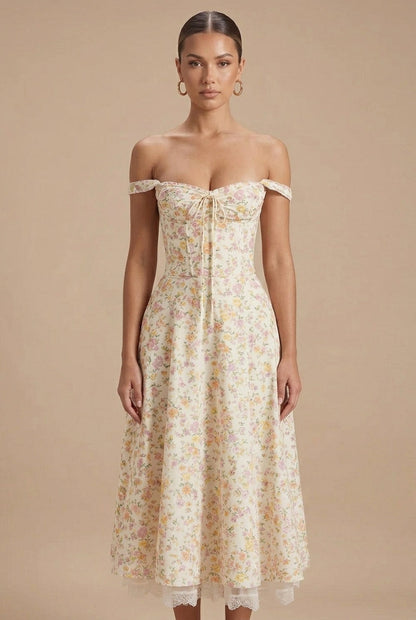 Yellow - Off-the-shoulder midi dress in a light floral print featuring a structured corset bodice, front tie detail, and a lace-trimmed hem.