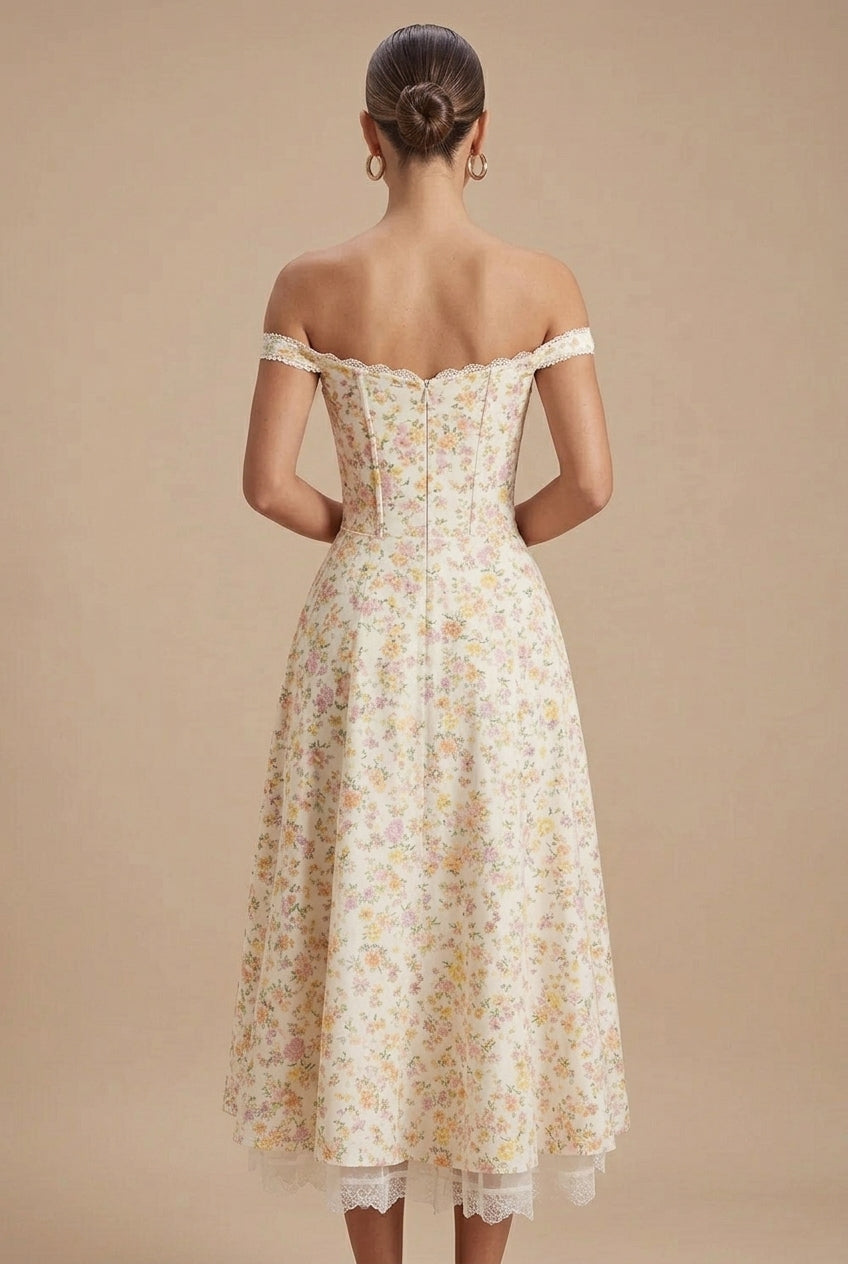 Yellow - Off-the-shoulder midi dress in a light floral print featuring a structured corset bodice, front tie detail, and a lace-trimmed hem.