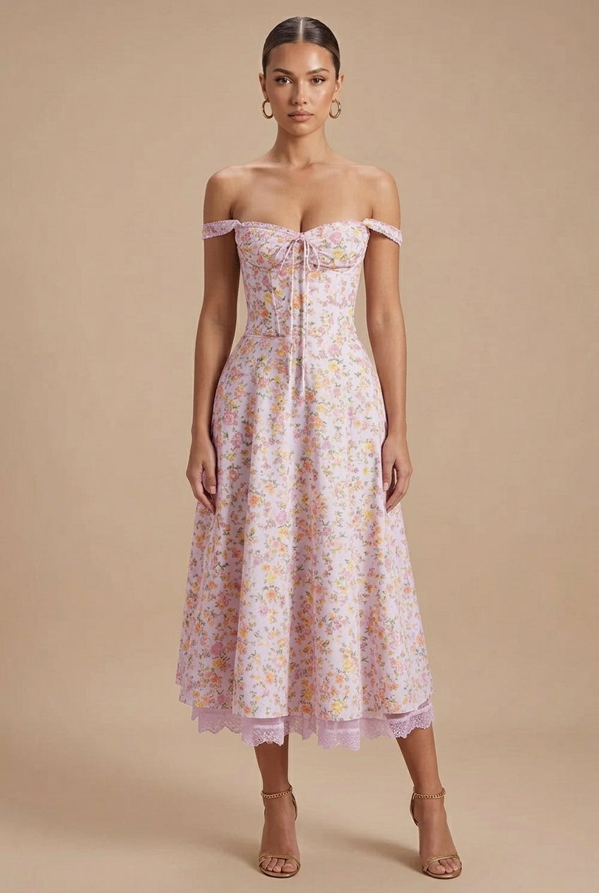 Pink - Off-the-shoulder midi dress in a light floral print featuring a structured corset bodice, front tie detail, and a lace-trimmed hem.