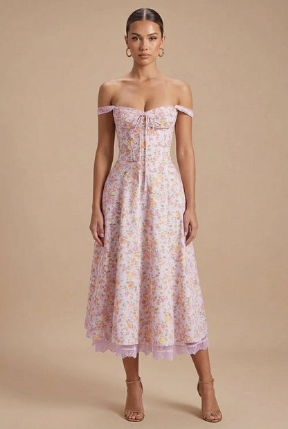 Pink - Off-the-shoulder midi dress in a light floral print featuring a structured corset bodice, front tie detail, and a lace-trimmed hem.
