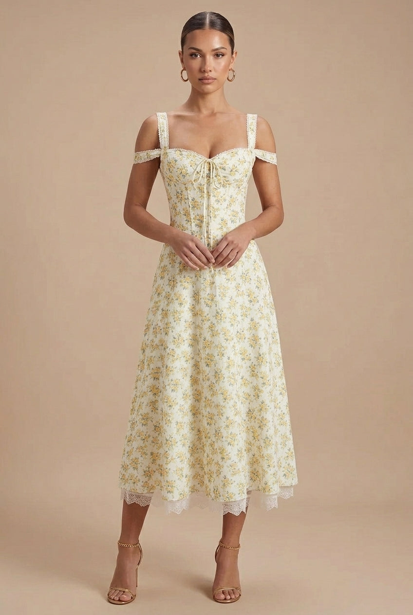 Green - Off-the-shoulder midi dress in a light floral print featuring a structured corset bodice, front tie detail, and a lace-trimmed hem.