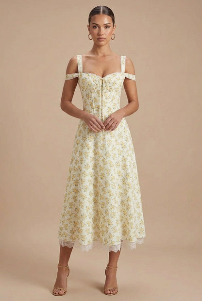 Green - Off-the-shoulder midi dress in a light floral print featuring a structured corset bodice, front tie detail, and a lace-trimmed hem.