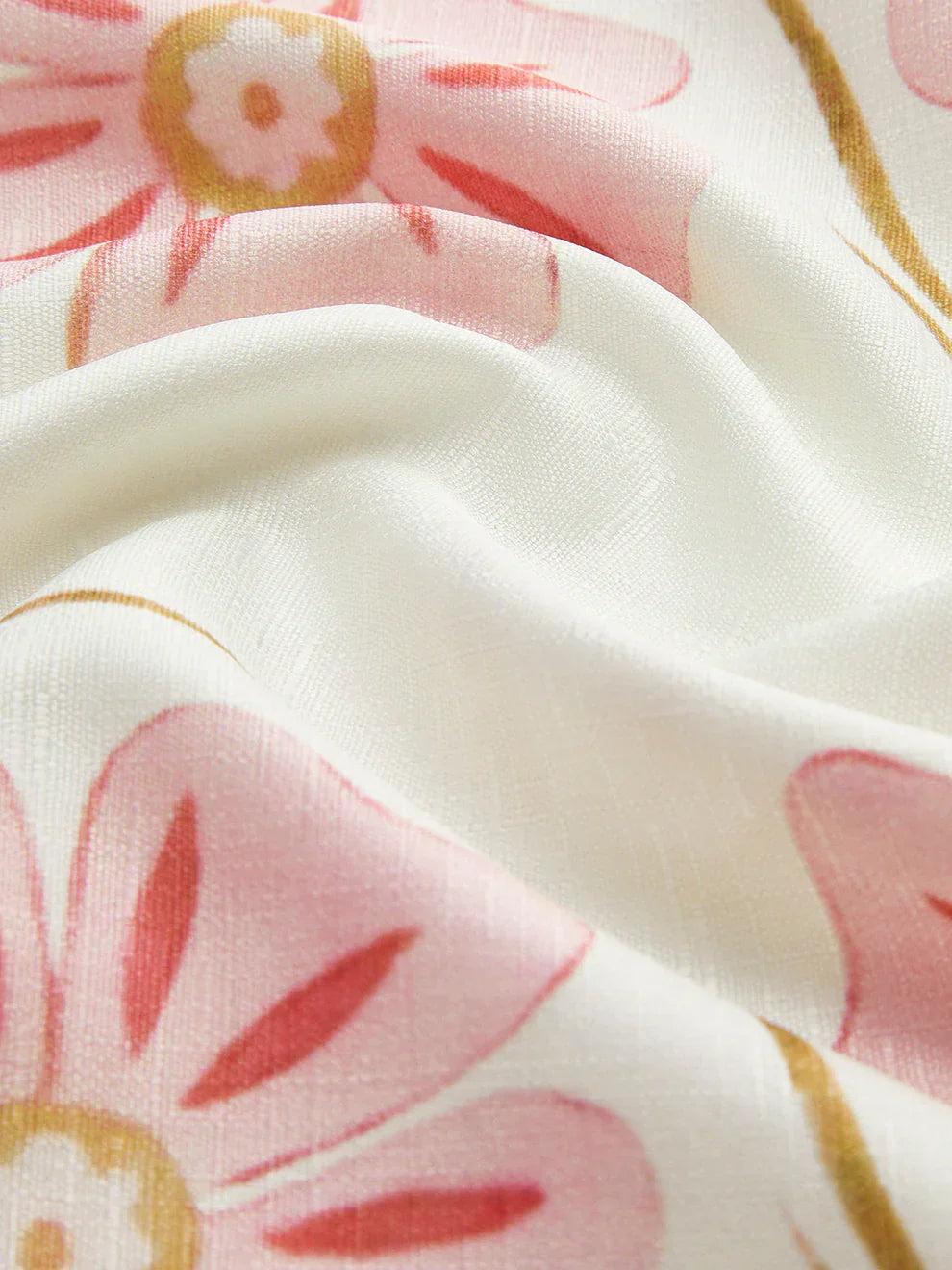 Pink - Sleeveless white A-line shift mini dress featuring large pink and gold embroidered floral motifs and a high neckline.