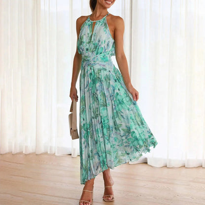 Floral Halter Pleated Midi Dress