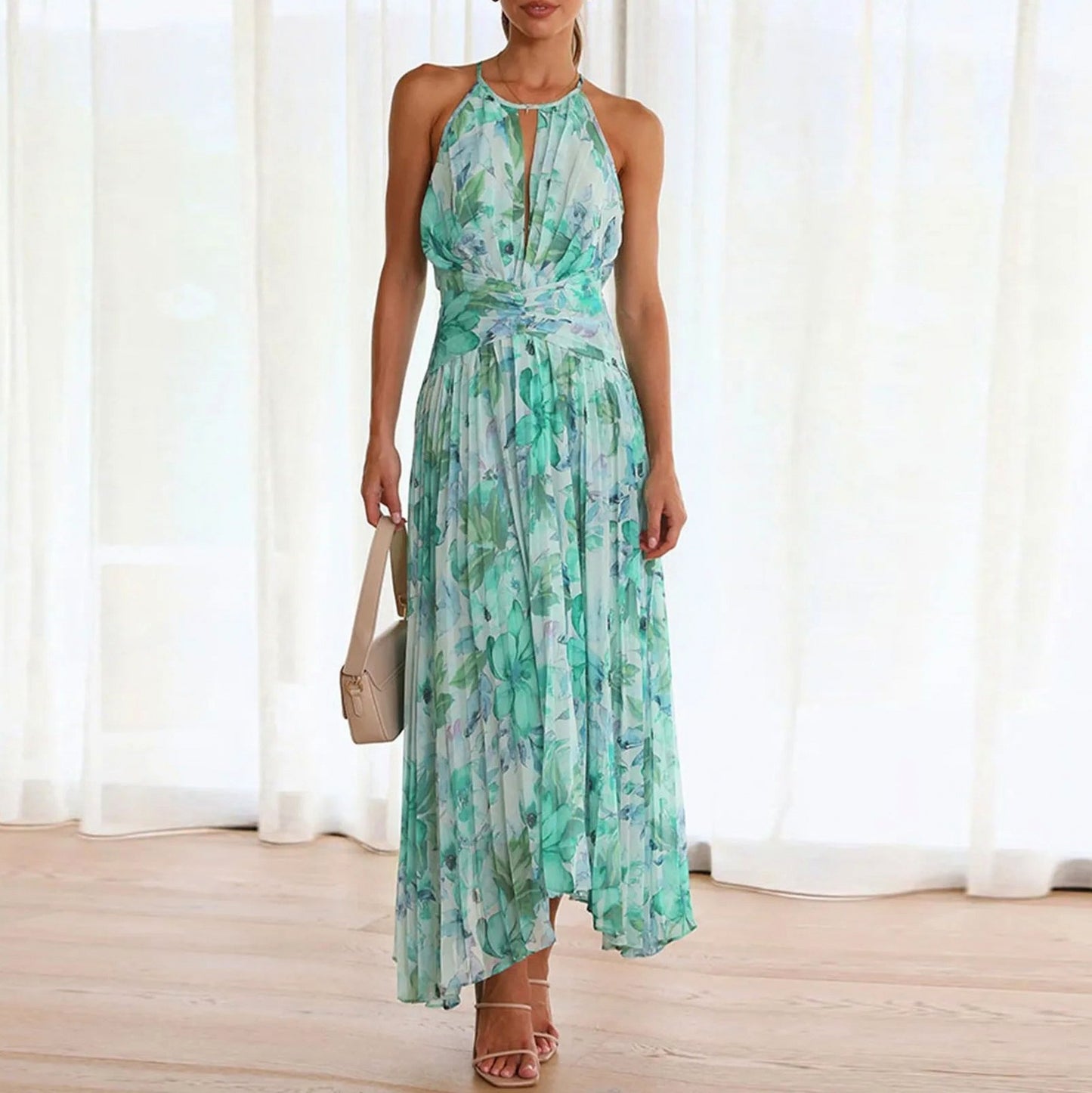 Floral Halter Pleated Midi Dress