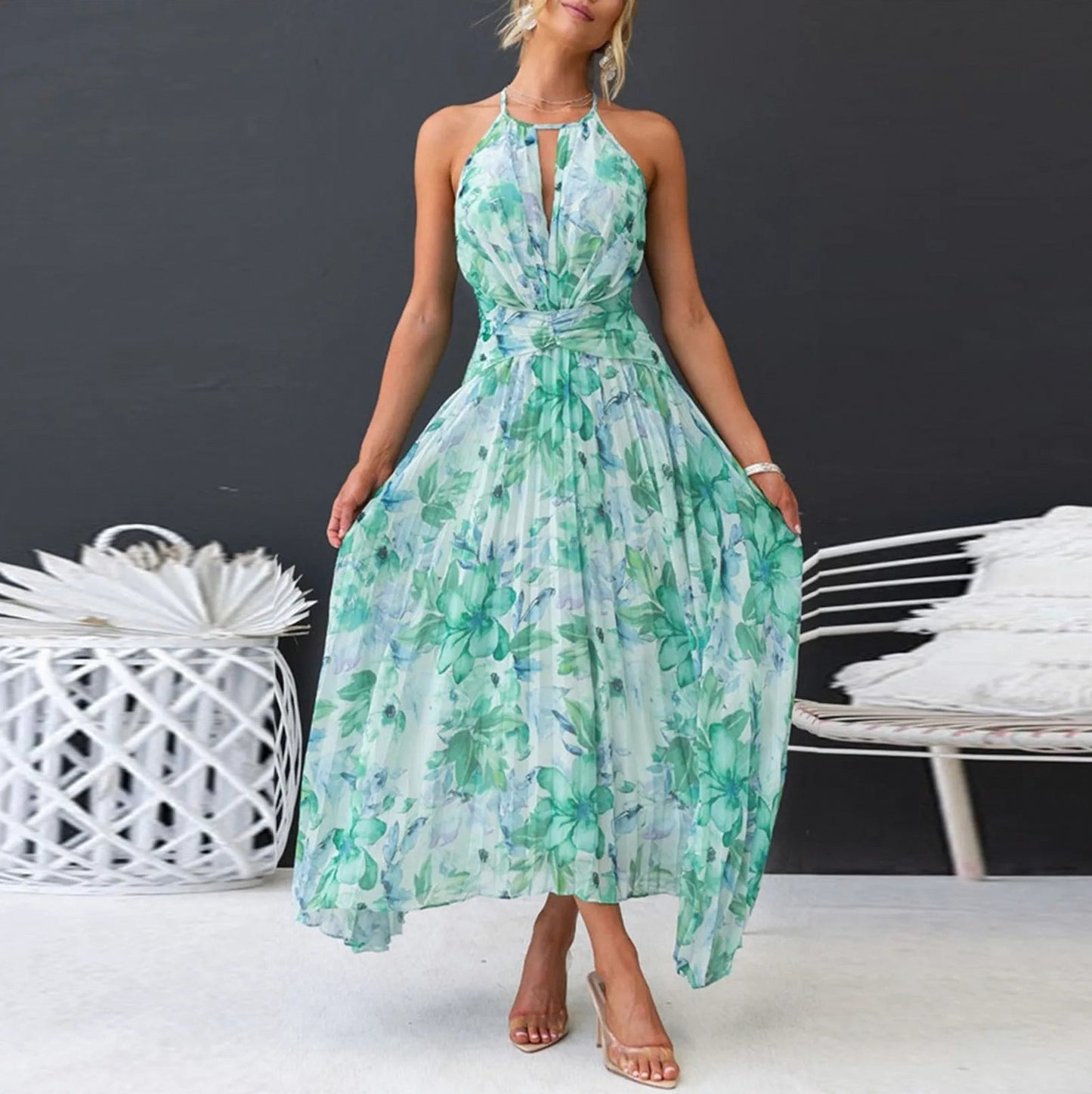 Floral Halter Pleated Midi Dress