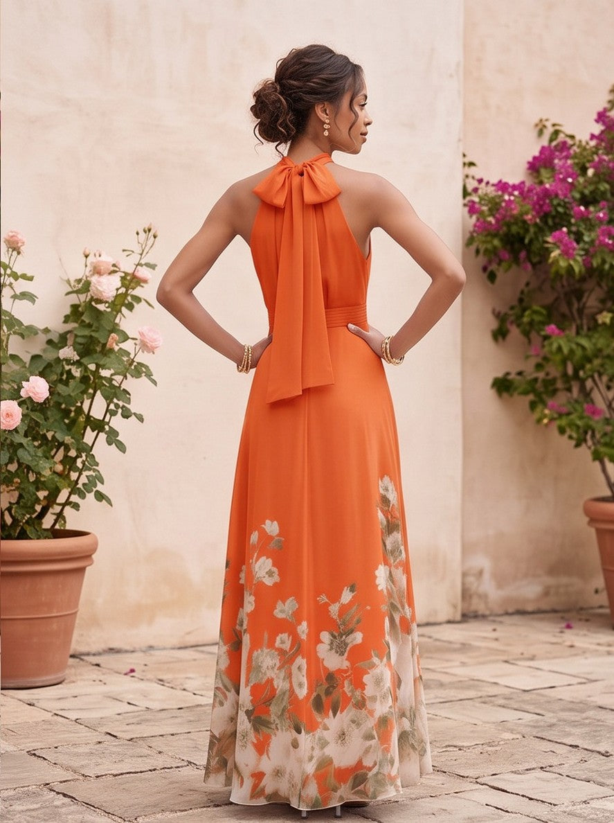 Floral Halter Tie Back Maxi Dress