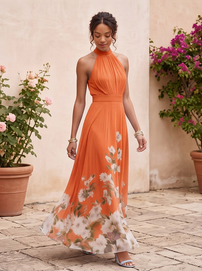 Floral Halter Tie Back Maxi Dress