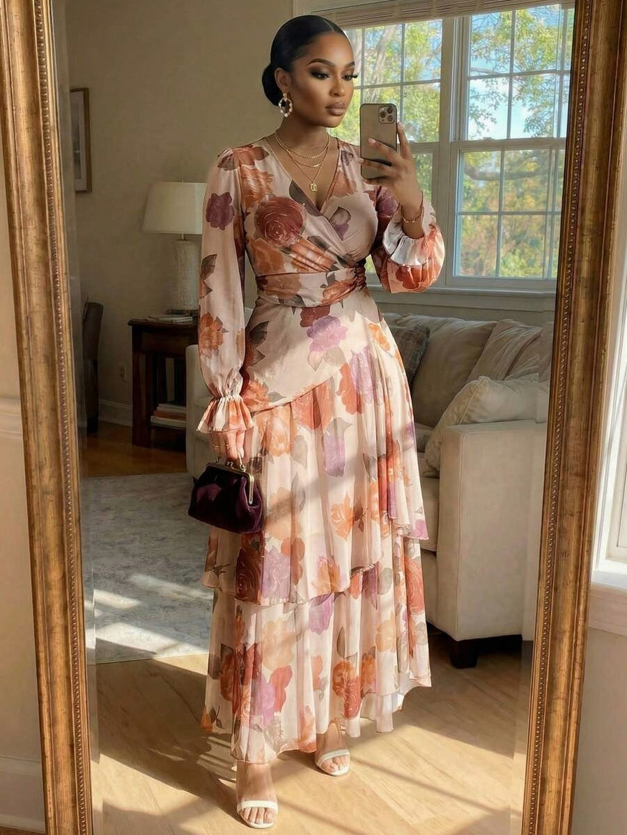 Floral Long Sleeve Tiered Maxi Dress