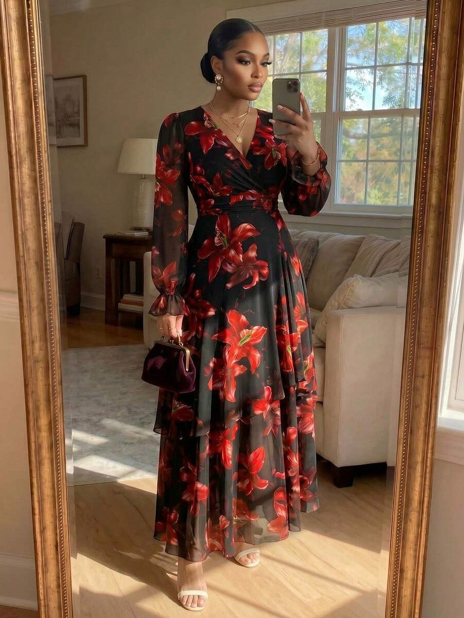 Floral Long Sleeve Tiered Maxi Dress